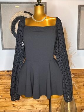 Sheer Polka Dot Puff Sleeve Peplum Top - Black